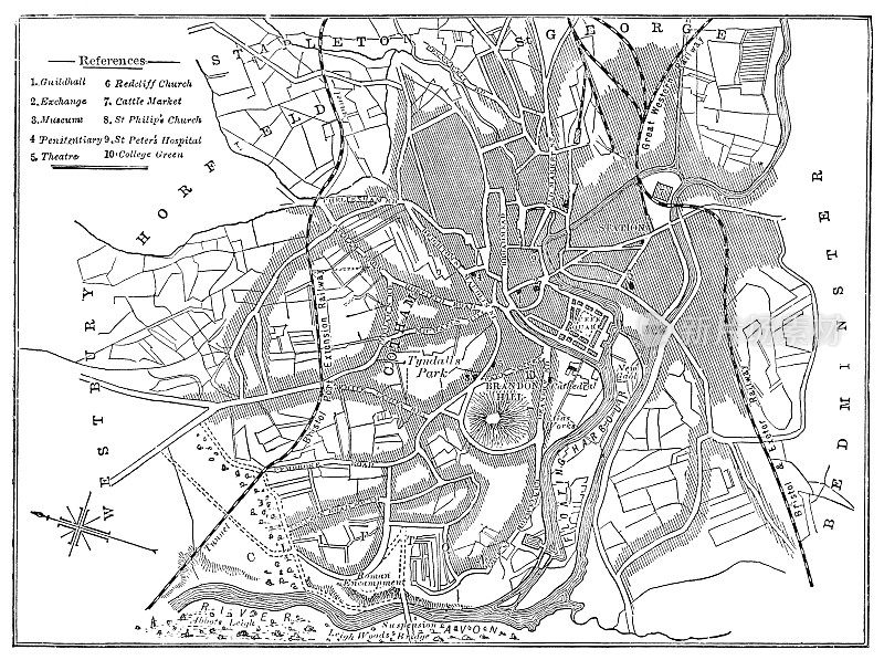 克利夫顿和布里斯托尔的古董地图，英国- 19世纪